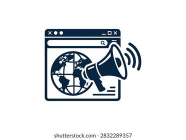 Web Browser Globe with Megaphone Icon – Minimalist Worldwide Communication Symbol for Digital Marketing, Online Promotion, and Global Announcement Design Concepts