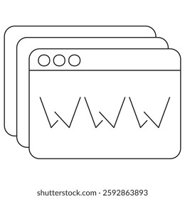 Web browser icon with multiple windows and WWW text, symbolizing internet browsing, websites, and online communication. A vector pictogram with thin black lines. The stroke thickness is editable