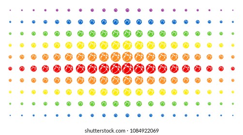 Web browser icon spectral halftone pattern. Vector web browser objects are arranged into halftone array with vertical rainbow colors gradient. Constructed for backgrounds, covers,