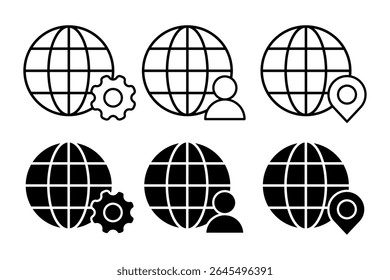 Web browser icon vector set. Globe settings symbol
