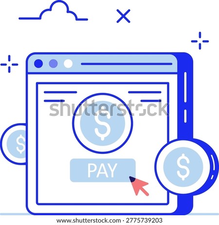A web browser interface displays a pay button alongside dollar coins and a clicking cursor. This represents the concept of secure online payments and digital banking transactions.