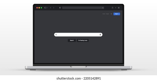 Web browser, internet browser search engine with 3d realistic laptop mockup. Search bar for ui ux design and web site. Search address and navigation bar icon.