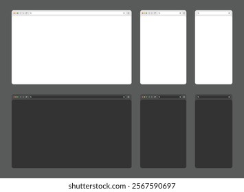 Web browser, internet browser search engine. Search bar for ui ux design and web site. set of realistic empty browser windows in white, gray and black