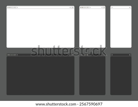 Web browser, internet browser search engine. Search bar for ui ux design and web site. set of realistic empty browser windows in white, gray and black