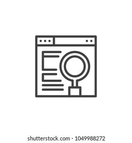 Web browser with magnifying glass on screen outline icon. linear style sign for mobile concept and web design. Web search, SEO line vector icon. Symbol, logo illustration