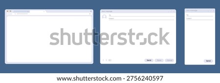 Web browser mockup alongside email composition windows. Digital interface design for messaging and internet browsing. Modern application ui elements.