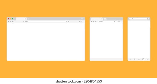 Web browser mockup with blank screen for computer, tablet and smartphone. Empty internet page window with toolbar and search field. Vector illustration flat design.