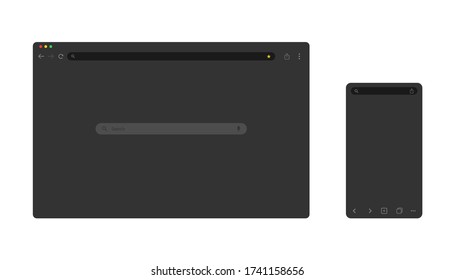 Web browser mockup for computer and smartphone. Dark theme of website mockup. Internet page for laptop and mobile device. Search bar with loupe and microphone. Browser window. EPS 10