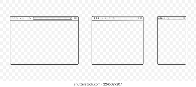 Web browser mockup frame on transparent background. Outline transparent computer browser. Isolated blank website page. Simple design.  Stock Vector graphics