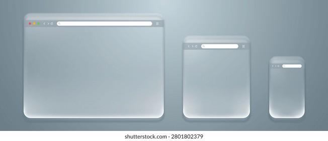 Web browser mockup set in liquid glass style for computer, laptop, tablet and mobile screen. Window screen with navigation arrow, refresh, menu icon and search bar. Desktop and smartphone browser interface template.