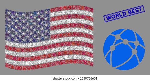 Web browser pictograms are arranged into USA flag collage with blue rectangle distressed stamp seal of World Best text. Vector collage of USA waving state flag is done of web browser icons.