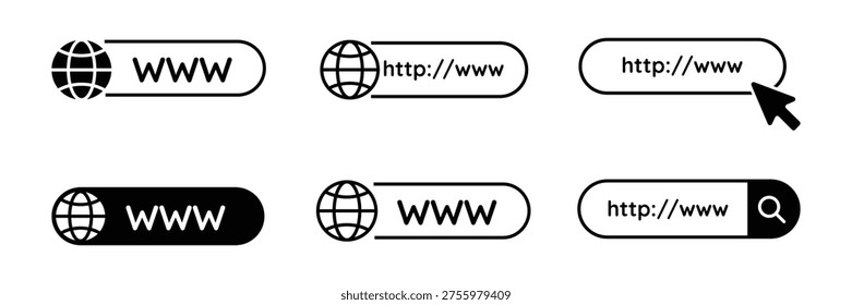 Web browser search bar icon set with world globe symbols and url address fields for internet navigation vector illustration.
