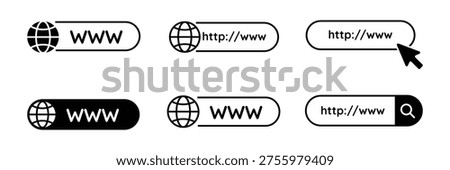 Web browser search bar icon set with world globe symbols and url address fields for internet navigation vector illustration.
