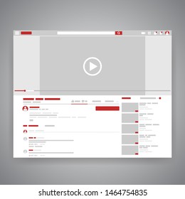 Web browser social media video player interface. Play video online mock up. UI window with navigation icon. Vector illustration