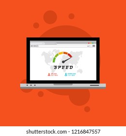 Web browser with speedometer test showing fast good page loading speed time. Vector illustration