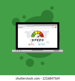 Web browser with speedometer test showing fast good page loading speed time. Vector illustration
