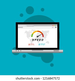 Web browser with speedometer test showing fast good page loading speed time. Vector illustration