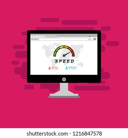 Web browser with speedometer test showing fast good page loading speed time. Vector illustration