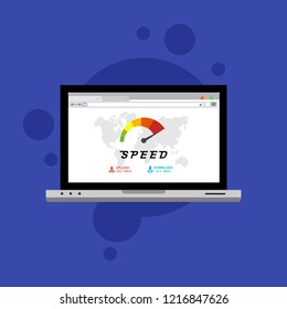 Web browser with speedometer test showing fast good page loading speed time. Vector illustration