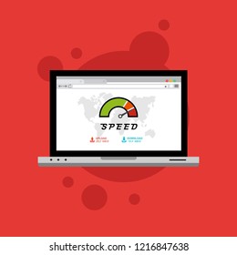 Web browser with speedometer test showing fast good page loading speed time. Vector illustration