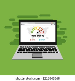 Web browser with speedometer test showing fast good page loading speed time. Vector illustration