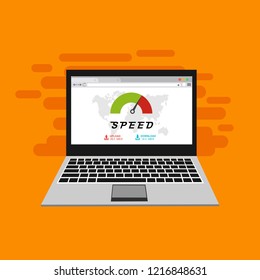 Web browser with speedometer test showing fast good page loading speed time. Vector illustration