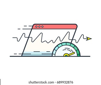 Web browser with speedometer testing Speed of internet connection. Website speed loading time vector icon.