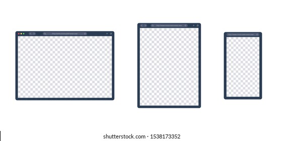 Web browser template set in dark theme for tablet and mobile. Browser window for showing web site design presentation. Responsive screens concept.