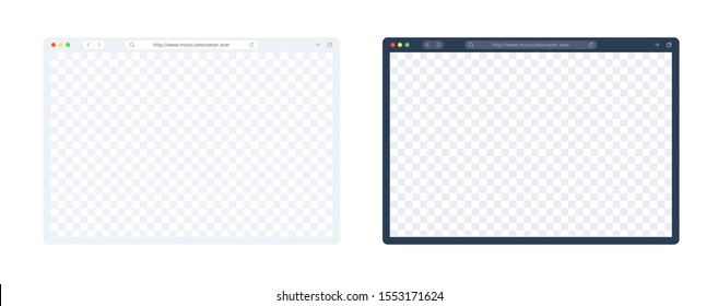 Web browser template set in light and dark mode for computer, laptop, tablet and mobile. Empty internet page for showing ur site presentation. Vector browser page illustration isolated on white.