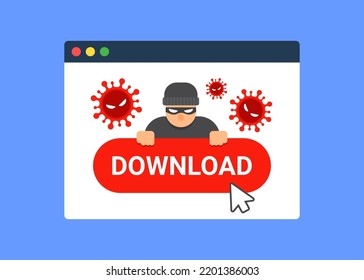 Ventana del explorador Web con el punto de cursor en el botón de descarga peligroso. Amenaza a Internet. Concepto de descarga de malware, ransomware, virus, troyano o hackeo. Icono gráfico vector plano.