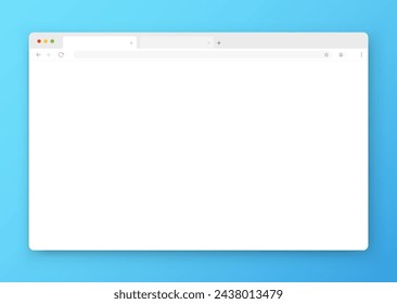 Web browser window design in white on a blue background. An empty website layout with a search bar and buttons. Vector illustration.