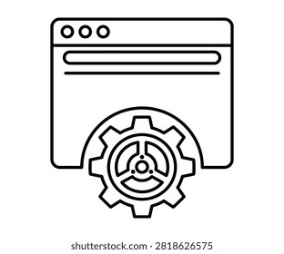 Web browser window with gear cog wheel settings at bottom line art icon. Web backend configuration, browser customization, system setup, and web engineering.