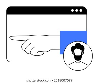 A web browser window with a hand pointing left and a circular user profile icon featuring a man with a beard. Themes: navigation, user interface, digital interaction, profile, website. Colours: black,