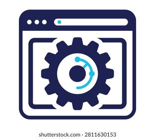 Web browser window hosting an active administrative mechanical settings gear wheel central icon. Backend development operations platform management symbol.