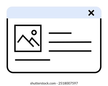 Janela do navegador da Web com espaço reservado para imagem e linhas de texto. Ideal para site, interface de usuário, gerenciamento de conteúdo, design digital, aprendizagem on-line. Limpo, moderno, estilo mínimo.