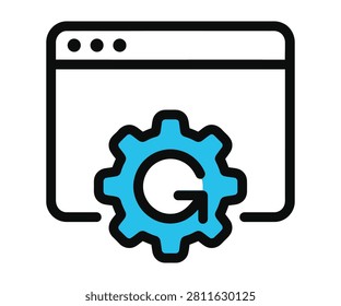 Web browser window layout displaying a central administrative mechanical settings gear wheel icon. Web hosting infrastructure backend manager symbol.