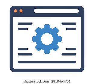 Web browser window layout featuring programming text lines and a central technical gear setup icon. Web development infrastructure backend framework management symbol.