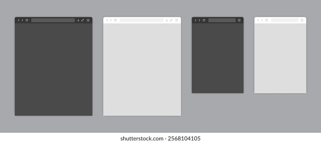 Web browser window light and dark template. Sample frame design Internet page mockup. Blank screen web browser in flat design. Vector illustration