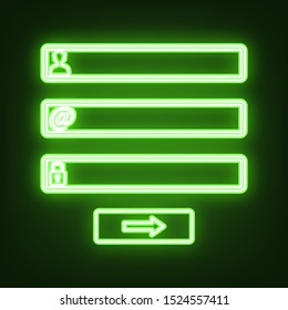 Web browser window with login page sign. Green neon icon in the dark. Blurred lightening. Illustration.