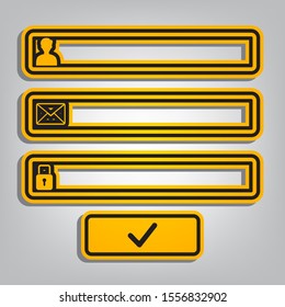 Web browser window with login page sign. Flat orange icon with overlapping linear black icon with gray shadow at whitish background. Illustration.