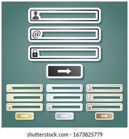 Web browser window with login page sign. Set of metallic Icons with gray, gold, silver and bronze gradient with white contour and shadow at viridan background. Illustration.