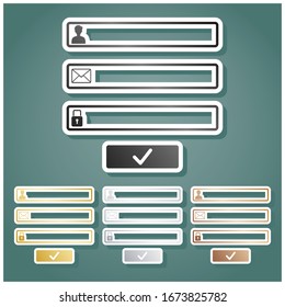 Web browser window with login page sign. Set of metallic Icons with gray, gold, silver and bronze gradient with white contour and shadow at viridan background. Illustration.