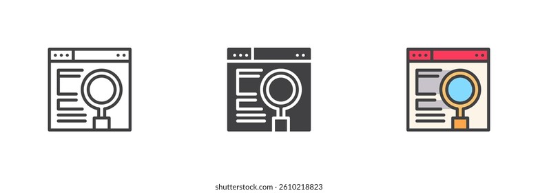 Web browser window with a magnifying glass different style icon set. Line, glyph and filled outline colorful version, outline and filled vector sign. Search and Discovery symbol, logo illustration