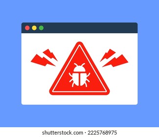 Web browser window with malware warning icon. Symbol of dangerous website or dark web. Virus detection. Internet threat, cybercrime, or antivirus concept. Flat cartoon vector technology illustration.