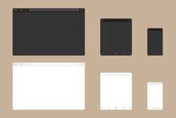 Web browser window mockup in light and dark modern flat design. Website page of computer with green lock and favorites icon. Desktop, tablet and mobile template of browser. Vector EPS 10