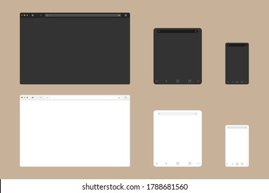 Web browser window mockup in light and dark modern flat design. Website page of computer with green lock and favorites icon. Desktop, tablet and mobile template of browser. Vector EPS 10