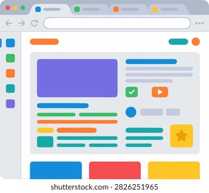 Web browser window mockup with modern application user interface vector illustration. Sleek internet browser page template showcasing media player placeholder, navigation tabs, action buttons, and sidebar icons for web development, app presentation, and UI UX design projects.
