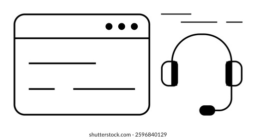 Web browser window next to a headset with microphone, representing customer support and online communication. Ideal for assistance, feedback, helpline, customer service, tech support, communication