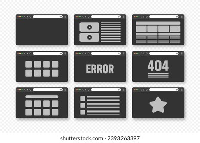 Web browser window, pages layout with toolbar and search field. Modern website, internet page in flat style. Browser mockup for computer, tablet and smartphone. Adaptive UI. Vector illustration
