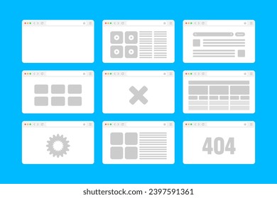 Web browser window, pages layout with toolbar and search field. Modern website, internet page in flat style. Browser mockup for computer, tablet and smartphone. Adaptive UI. Vector illustration